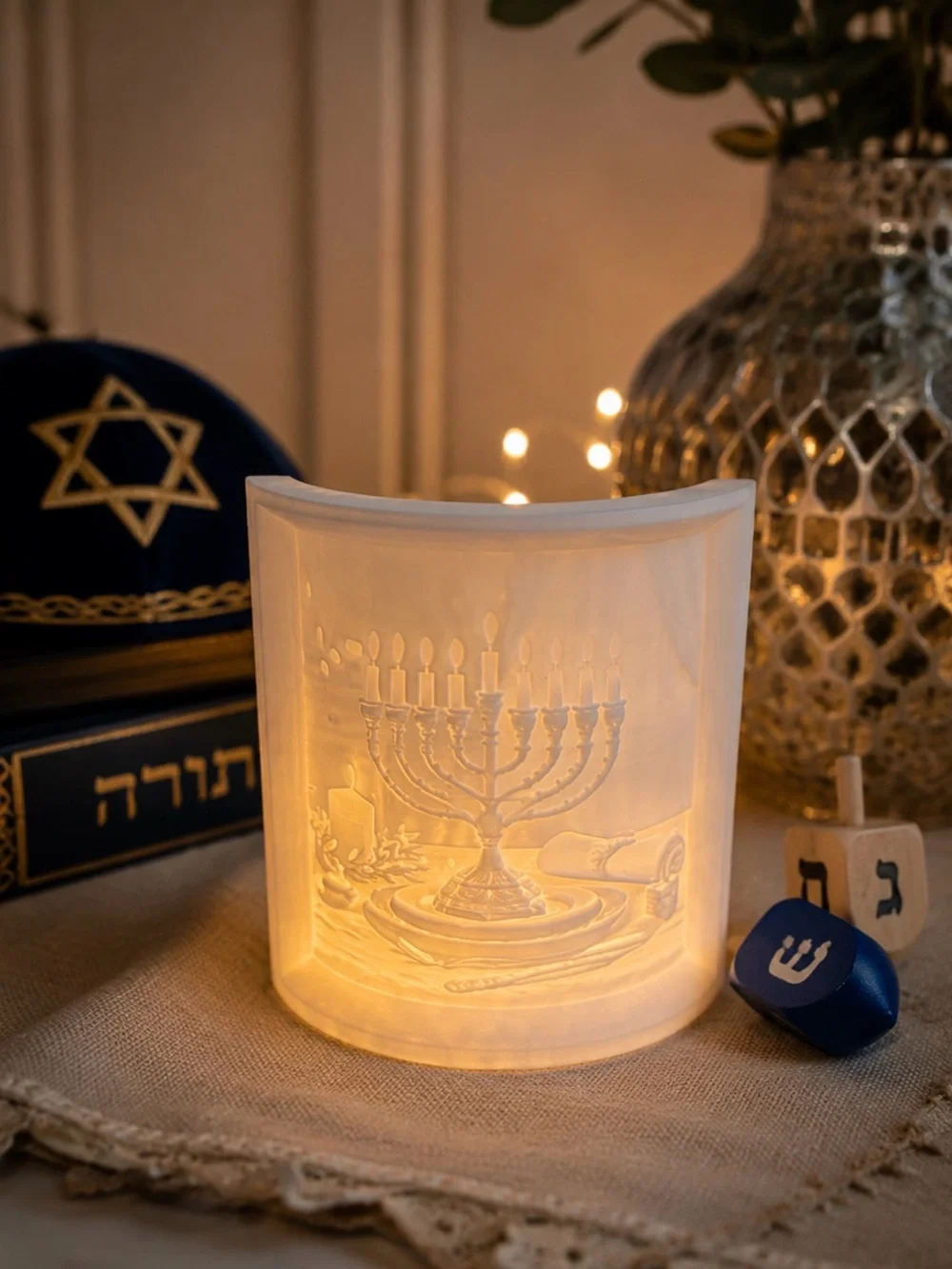 Hanukkah Menorah Plastic LED Tealight Candle Holder Home Decor 5” Tall